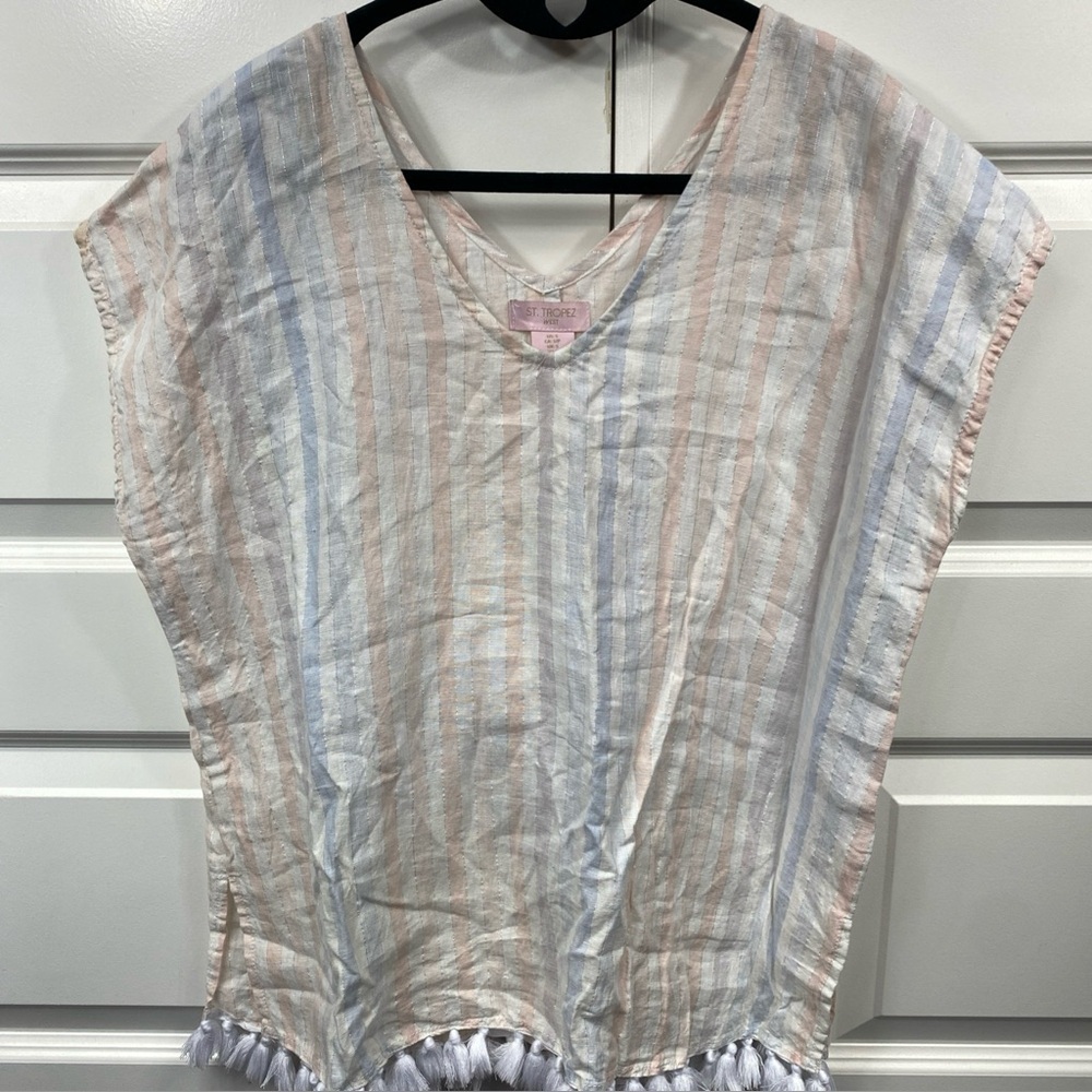 St Tropez Fringe linen Tunic Top V Neck Granola Boho Clean Lagenlook Small Pink